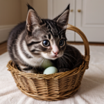 A kitten sniffing a bunny in an Easter basket