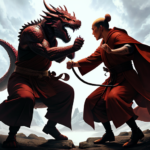 Monk in robes fighting a dragon