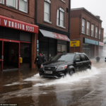 A building size steak with juices that are gushing out and flooding the area, the juices are splashing all over cars and houses, people are screaming