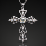 best quality, 4k, best lighting, best shadows, intricate details, antique filigree cross pendant with clear quartz crystals, front view, forward-facing, against a neutral gray background