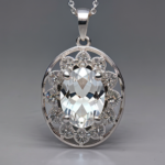 best quality, 4k, best lighting, best shadows, intricate details, silver filigree oval-shaped pendant with clear quartz crystal gem navette cut, front view, direct center