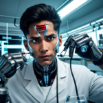 AI Image: man morphing into a cyborg in a science lab