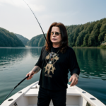 Ozzy Osbourne in a boat with a fishing pole