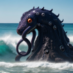 Monster with 20 tentacles coming out of the water at the beach,