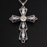 best quality, 4k, best lighting, best shadows, intricate details, antique filigree cross pendant with clear quartz crystals, front view, forward-facing, against a neutral gray background