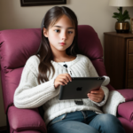 AI Image: Picture of a American girl teenager sitting in a recliner with the iPad in her lap and she’s on her phone.