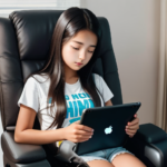 AI Image: Picture of a teenager sitting in a recliner with the iPad in her lap and she’s on her phone