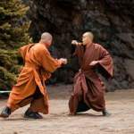 Monk in robes fighting a dragon