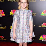 Kiernan Shipka barefoot wearing a plaid dress