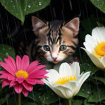 AI Image: Kitten hiding under a flower in a rain storm