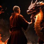 Monk in robes fighting a dragon