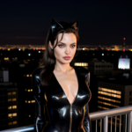 angelina jolie dressed as catwoman, night time, roof top,