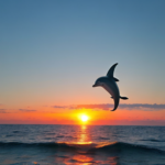 ocean with sunset and a dolphin jumping out of the water