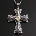 best quality, 4k, best lighting, best shadows, intricate details, antique filigree cross pendant with clear quartz crystals, front view, forward-facing, against a neutral gray background