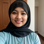 A malay hijab girl, smiling, low neck blouse, selfie with camera