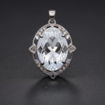 best quality, 4k, best lighting, best shadows, intricate details, silver filigree oval-shaped pendant with clear quartz crystal gem navette cut, front view, forward-facing