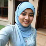 A malay hijab girl, smiling, low neck blouse, selfie with camera