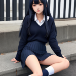 Long hair with side fringe wearing navy blue v-neck school jumper, navy blue played skirt and white socks