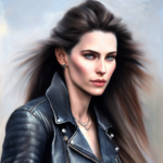 Photorealistic Grisaille style portrait of a woman and her motorcycle. She is wearing a leather jacket and denim jeans. She has long hair in a ponytail. Intricate detail. High definition. UHD.