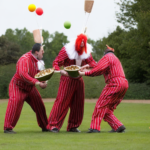 giant clowns fighting over a cereal bowl