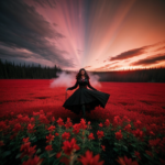 Long shot of a woman floating among red flowers and clouds of red smoke and northern lights. The world around is changing and blurring, reality dissolves in a thick fog, sharp focus, Gothic, Mad Max style.