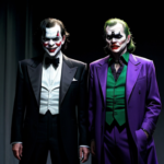 jack Nicholson as the joker. He is standing next to Michael Keaton as batman