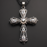 best quality, 4k, best lighting, best shadows, intricate details, antique filigree cross pendant with clear quartz crystals, front view, forward-facing, against a neutral gray background