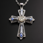 best quality, 4k, best lighting, best shadows, intricate details, antique filigree cross pendant with clear quartz crystals, front view, forward-facing, against a neutral gray background