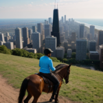 man and woman horseback riding with chicago in the background