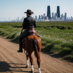 man and woman horseback riding with chicago in the background