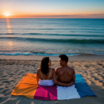 Sunset on the beach. A couple lays on a colorful towel on the sand. The vantage point is from the eyes of the couple looking out, so only their legs on the towel are showing with all of the scenery