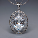 best quality, 4k, best lighting, best shadows, intricate details, silver filigree oval-shaped pendant with clear quartz crystal gem navette cut, front view, forward-facing