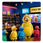 AI Image: Big Bird and his Sesame street friends drinking beers and watching tv