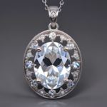 best quality, 4k, best lighting, best shadows, intricate details, silver filigree oval-shaped pendant with clear quartz crystal gem navette cut, front view, forward-facing