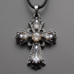 best quality, 4k, best lighting, best shadows, intricate details, antique filigree cross pendant with clear quartz crystals, front view, forward-facing, against a neutral gray background