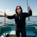 Ozzy Osbourne in a boat with a fishing pole