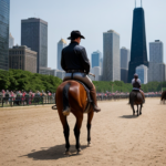 man and woman horseback riding with chicago in the background