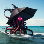 Monster with 4 tentacles coming out of the water at the beach, picking up a woman in a bikini