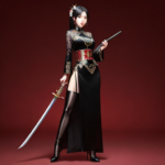 full body seductive Chinese supermodel art deco sword high heels