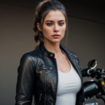 Photorealistic Grisaille style portrait of a woman and her motorcycle. She is wearing a leather jacket and denim jeans. She has long hair in a ponytail. Intricate detail. High definition. UHD.