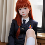 Picture of a redheaded girl in a Catholic school uniform with bare feet.