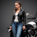 Photo realistic Grisaille style full body photo of a woman and her motorcycle. She is wearing a leather jacket and denim jeans. She has long hair in a ponytail. Intricate detail. High definition. UHD.