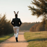 A guy chasing 2 rabbits