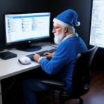 Papa smurf sitting at a computer desk writing code on the computer