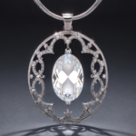 best quality, 4k, best lighting, best shadows, intricate details, silver filigree oval-shaped pendant with clear quartz crystal gem navette cut, front view, forward-facing