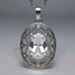 best quality, 4k, best lighting, best shadows, intricate details, silver filigree oval-shaped pendant with clear quartz crystal gem navette cut, front view, direct center