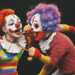 giant clowns fighting over a cereal bowl