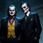 jack Nicholson as the joker standing next to Michael Keaton as batman