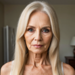 65 year old woman with long blonde hair thinner face