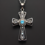 best quality, 4k, best lighting, best shadows, intricate details, antique filigree cross pendant with clear quartz crystals, front view, forward-facing, against a neutral gray background